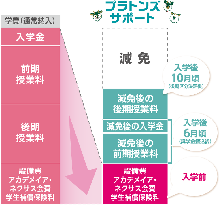 プラトンズサポートを活用すると、入学前の学費が減免されます。