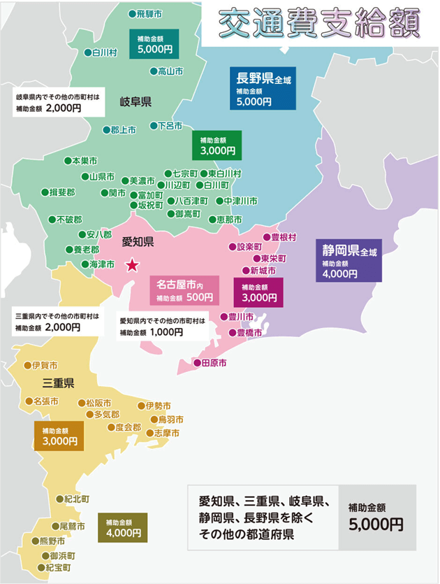 交通費支給額の地図。各地域の補助金額が示されている。