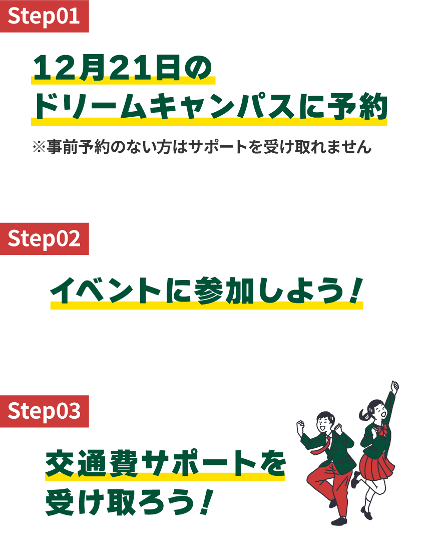12月21日のドリームキャンパスに予約→イベントに参加→交通費サポートを受け取ろう！